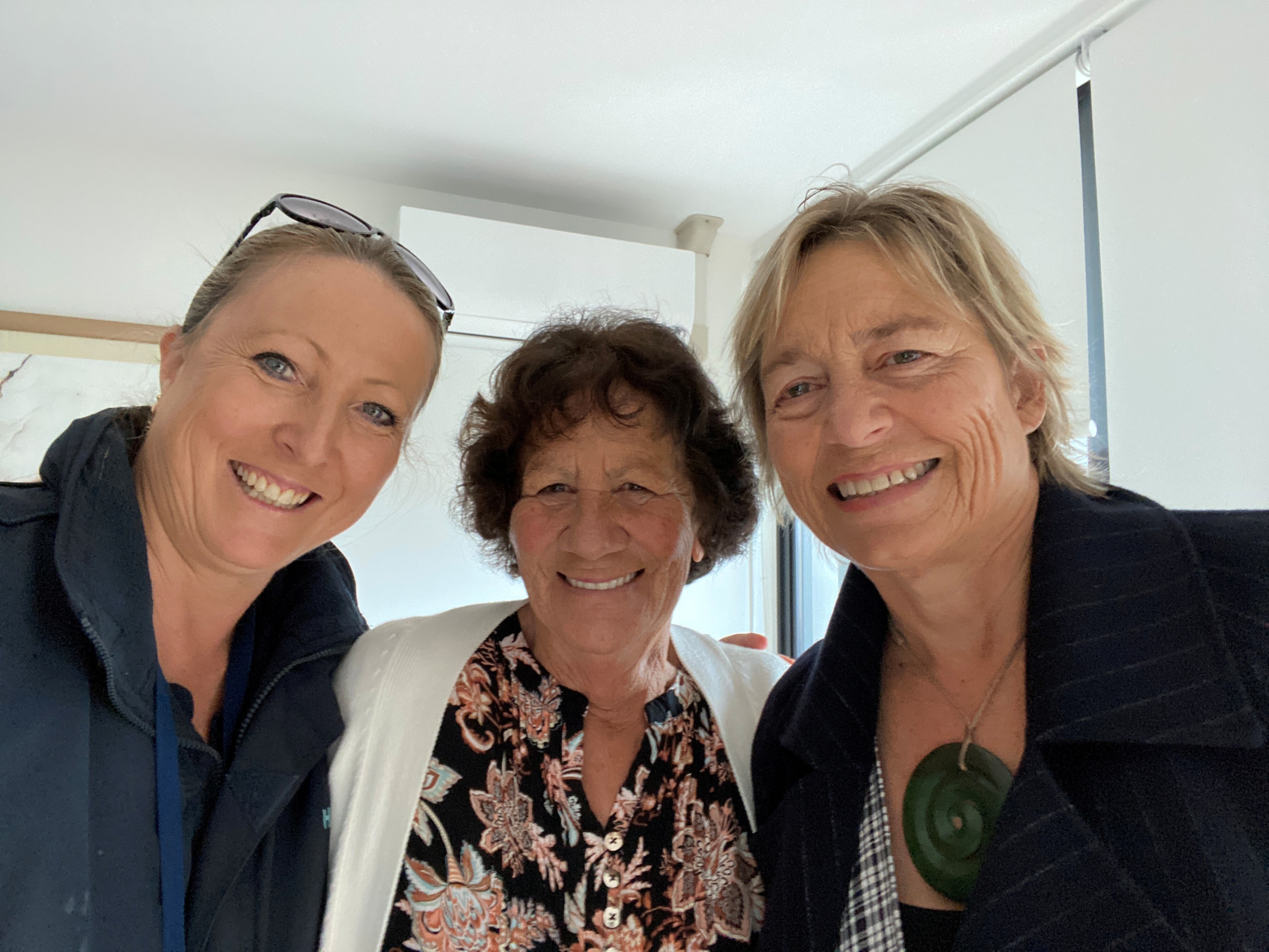 Haumaru Board Member Sue Watson on a village visit with Community Manager Michelle