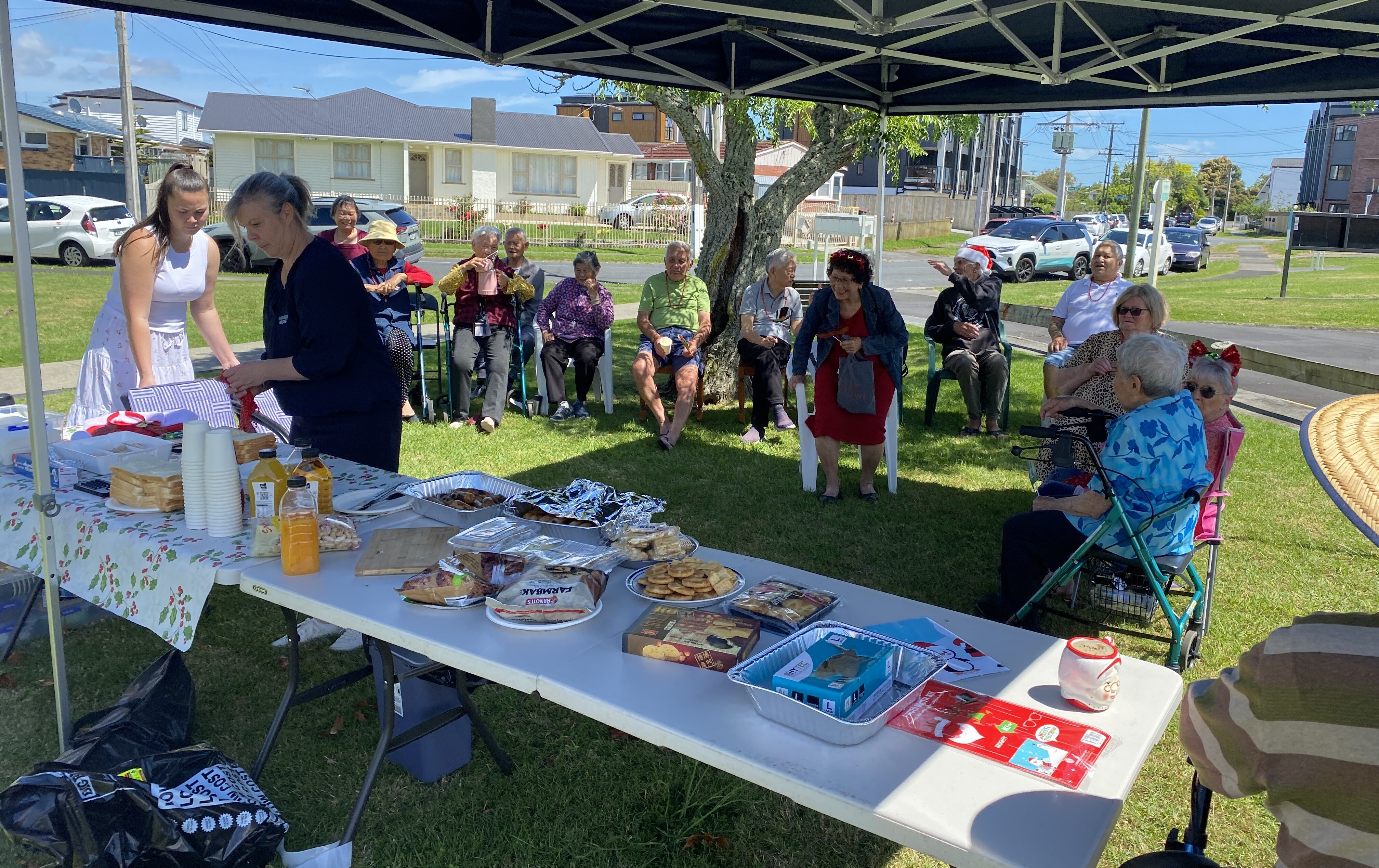 Pakuranga’s Dale and Mattson Court tenants were joined by Board Chair Adrienne Young-Cooper.and also received some Christmas accessories from a couple of Santa’s helpers!