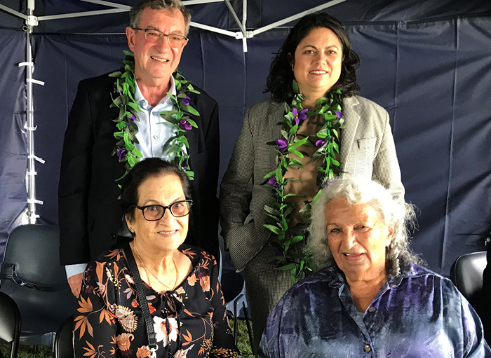 The Minister with Haumaru Board Member Stephen Titter and Whitehaven Court tenants Margaret Anthony (left) and Lullita Samuels.