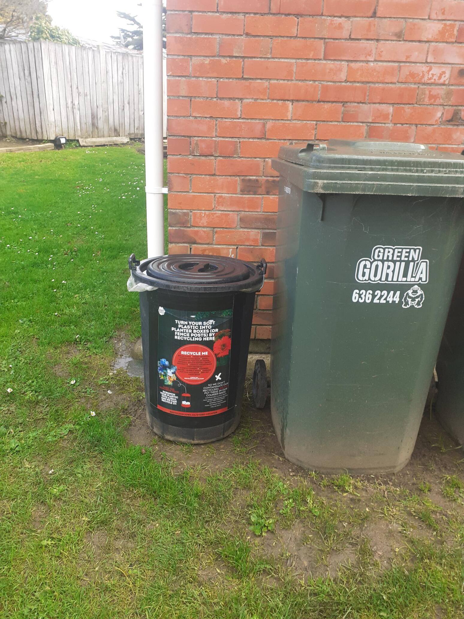 Guide to the correct bin to use. From left, food scraps, general waste, recycling, soft plastics, garden waste.