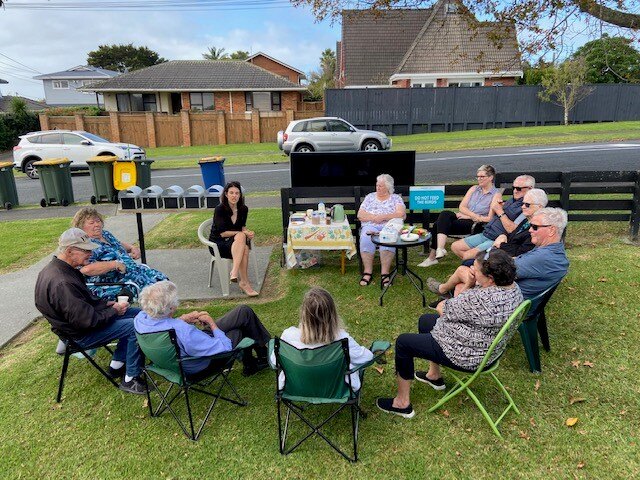 Tenants of Torbay Village in discussion with MP Erica Stanford